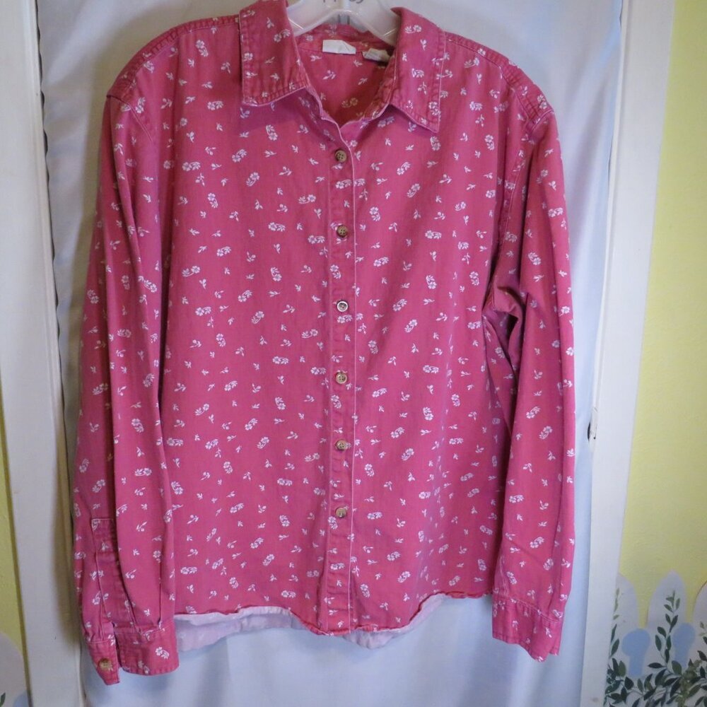 Cherokee Vintage Pink Floral 100% cotton Long Sleeve Button Down Shirt XL
